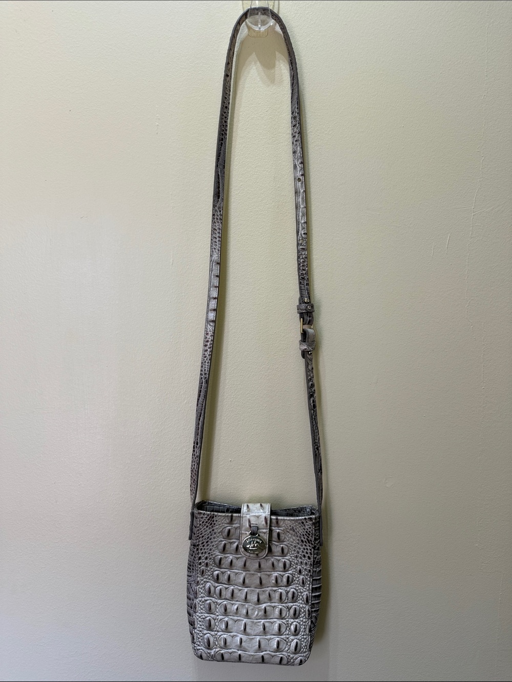 Brahmin Marley Beige Brown Croc-Embossed Crossbody with Gold Hardware